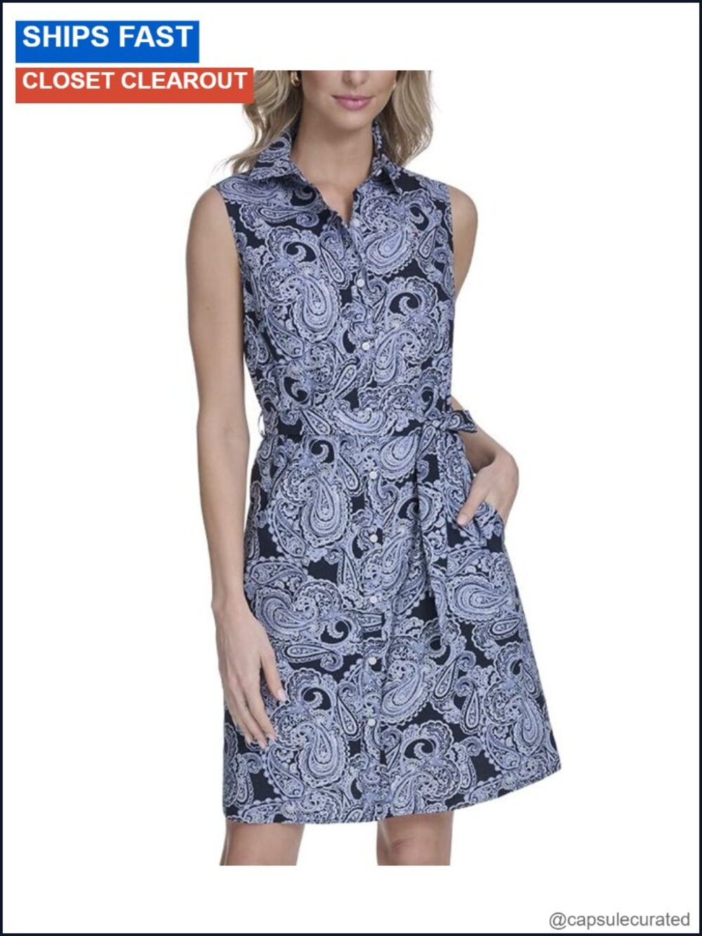 Sleeveless Collared Button Front Tie Waist Mini Shirt Dress Cotton Shift Dress
